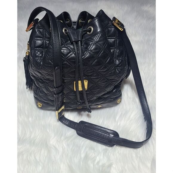 MCM|Vintage Black Leather Quilted Drawstring Bucket Bag - Picture 2 of 13